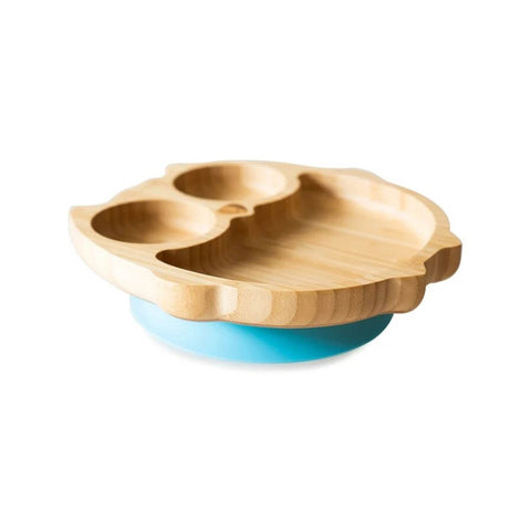 Bamboo Owl Plate with Suction and Spoon Blue