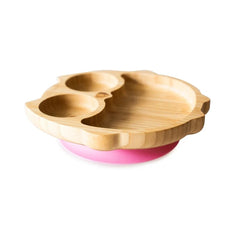 Bamboo Owl Plate with Suction and Spoon Pink